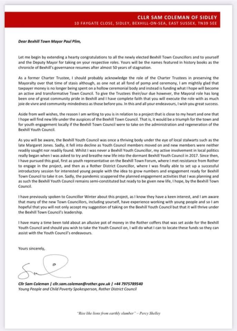 Letter to Bexhill Town Council regarding the reformation of a Bexhill Youth Council